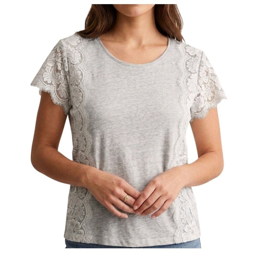 Garnet Hill Womens XL Gray 100% Linen Short Sleeve Floral Lace Trim Knit Top